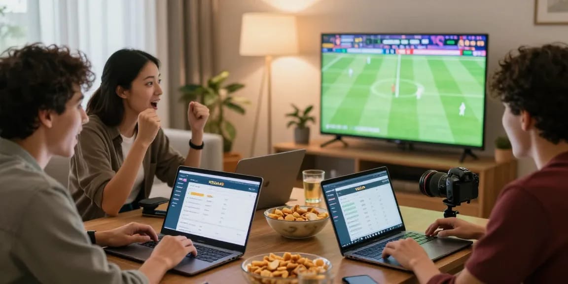 Aktivitas taruhan online dengan VEGAS4D saat Piala Dunia 2026, suasana seru di ruang tamu.
