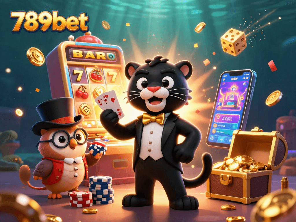 Experience the excitement of 789bet with a stylish panther dealer, owl with chips, and lucky mouse in a vibrant casino setting.