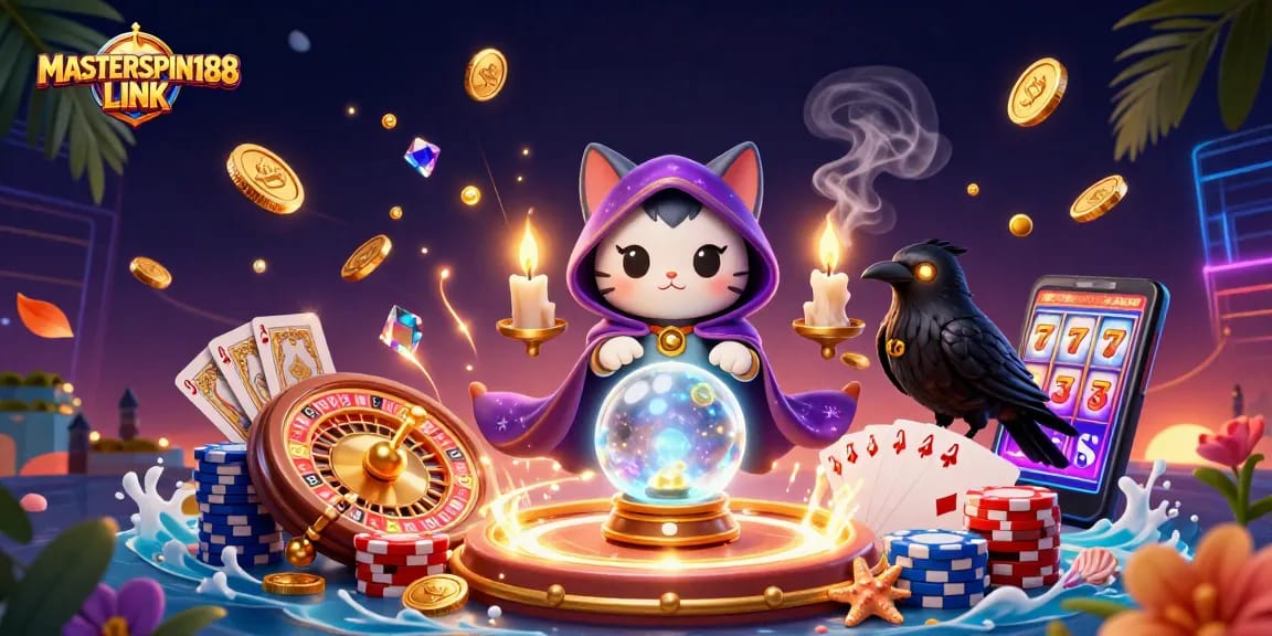 Experience the thrill of the MASTERSPIN188 LINK with a vibrant casino scene featuring a mystic cat, glowing raven, and more.