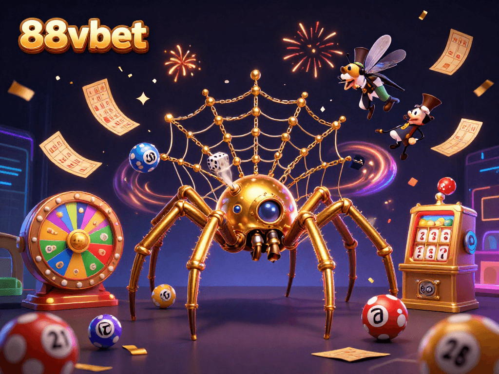 Experience thrilling gaming with the 88vbet spider and colorful lottery elements in a vibrant casino scene.