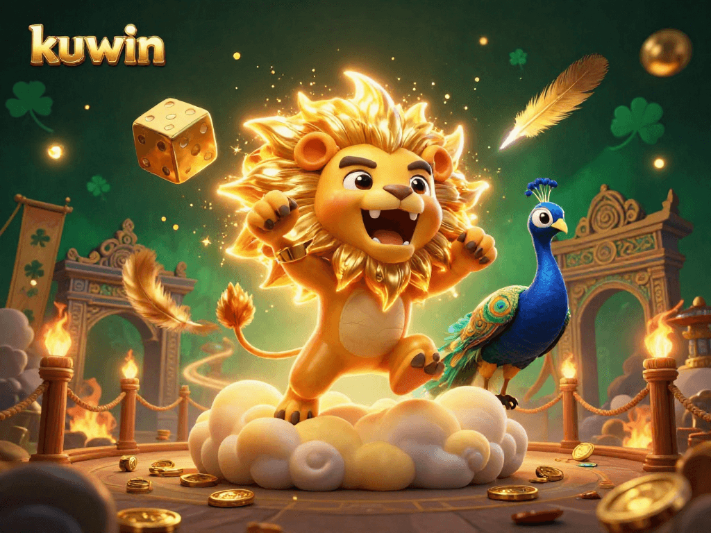 Engage with kuwin's thrilling casino world featuring an epic sun lion, cosmic dice, and vibrant gaming elements.