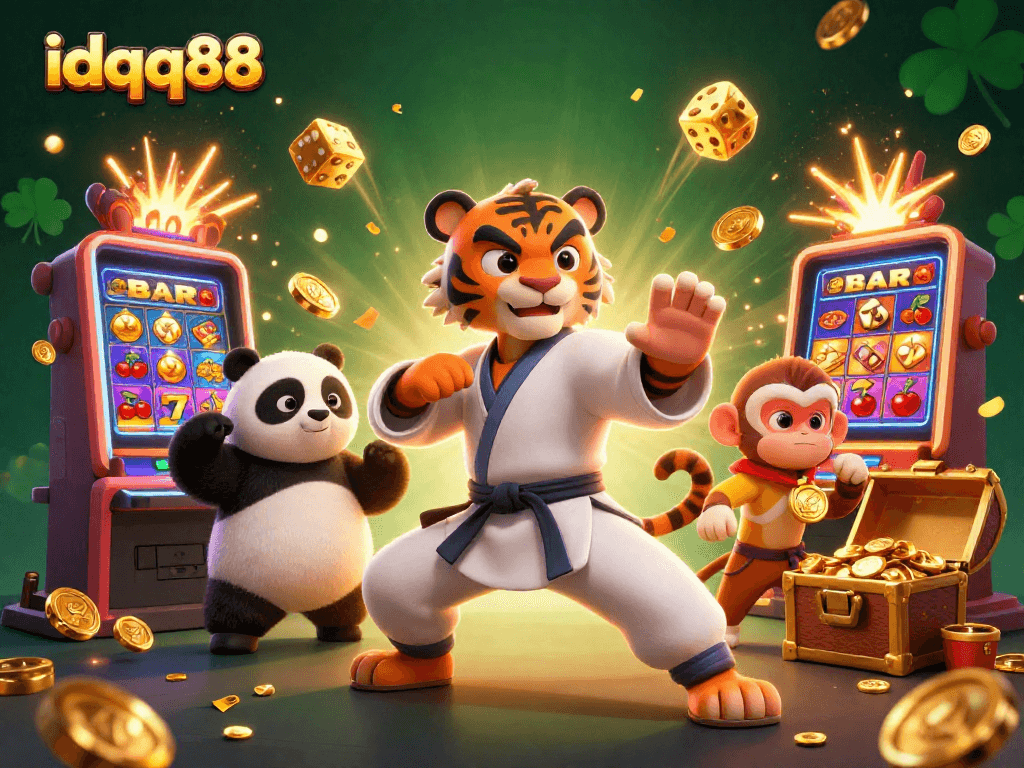 Experience the excitement of idqq88 with dynamic slots bursting symbols and energetic characters.
