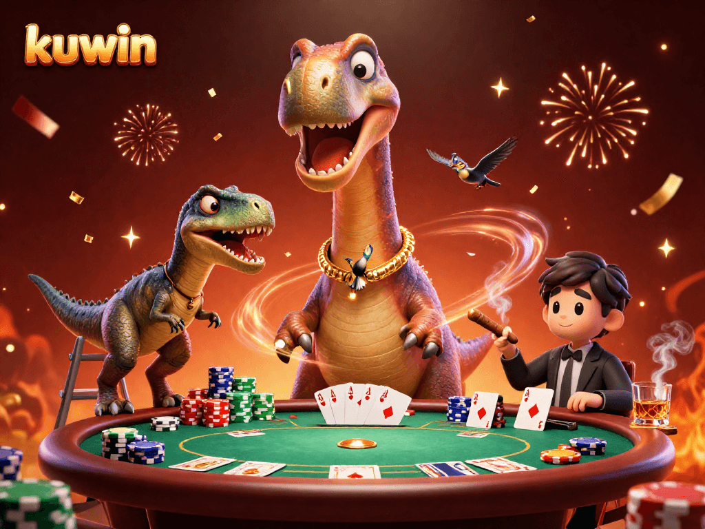 Experience thrilling action at kuwin with a massive cartoon brontosaurus overseeing a vibrant poker table.
