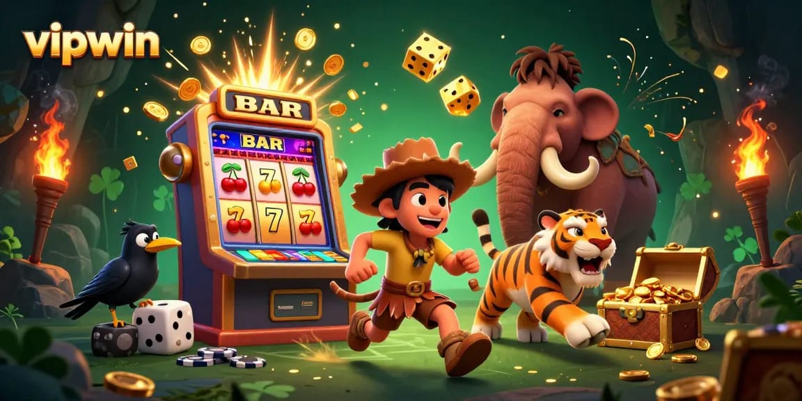 Exciting scene showcasing vipwin with a casino duo and dynamic game elements amid jackpot celebrations.