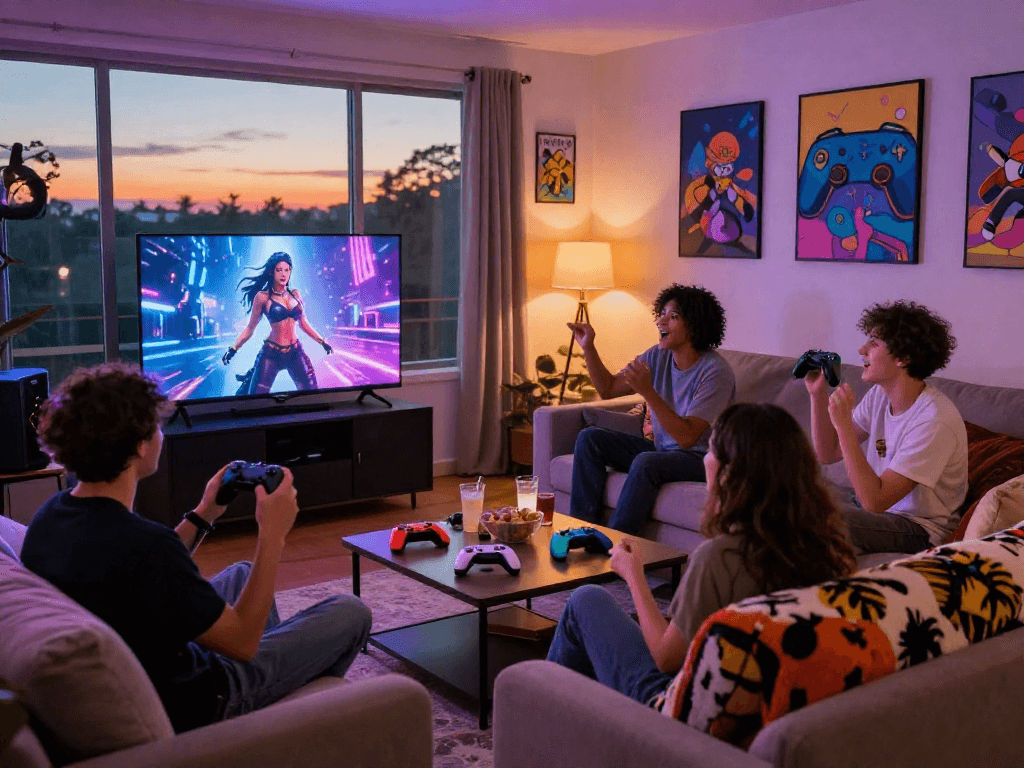 A lively scene of friends engaging with game sex characters in adult video games, showcasing a fun and interactive atmosphere.