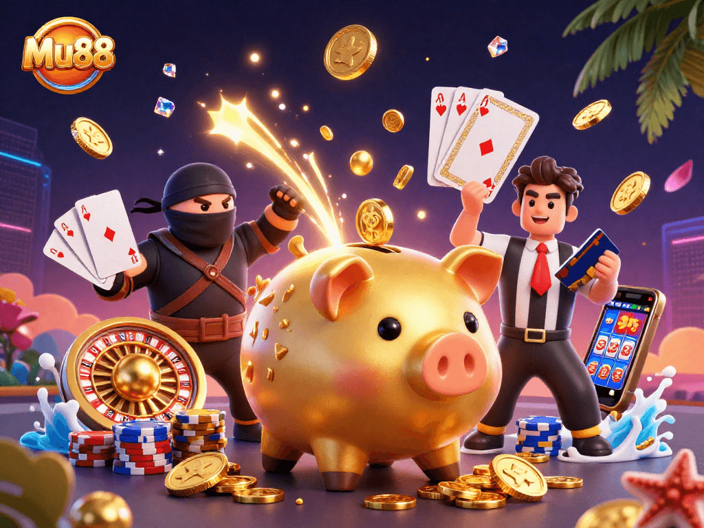 Mu88 brings excitement with a 3D golden piggy bank sumo wrestler amidst cascading coins and gems.