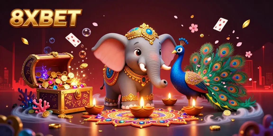 8XBET showcases an immersive 3D casino experience with lively characters and vibrant game elements.