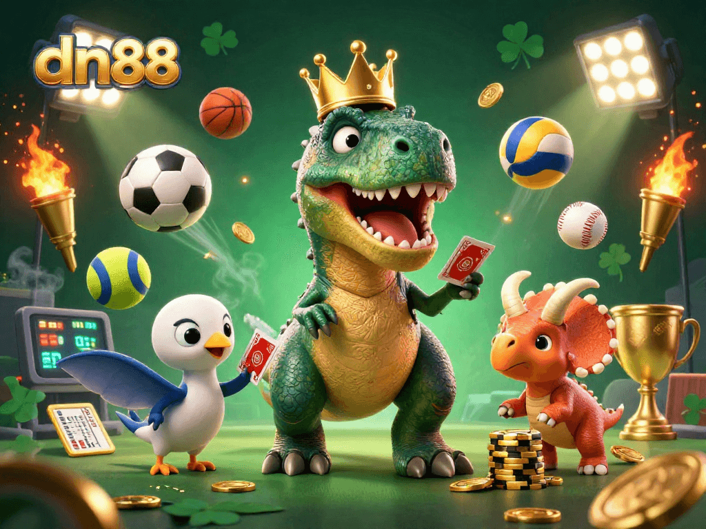 dn88 illustration of a friendly T-Rex shuffling cards in a vibrant casino setting with gold elements.
