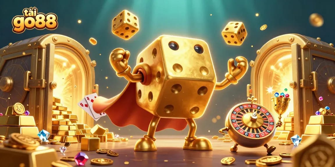 Experience thrilling gameplay with tải go88, an illustration of a golden dice golem amid treasure.