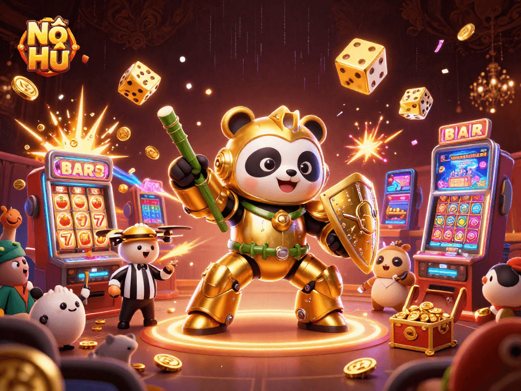 Nổ Hũ slot gaming experience illustrated with a mech-suit panda and explosive jackpots.
