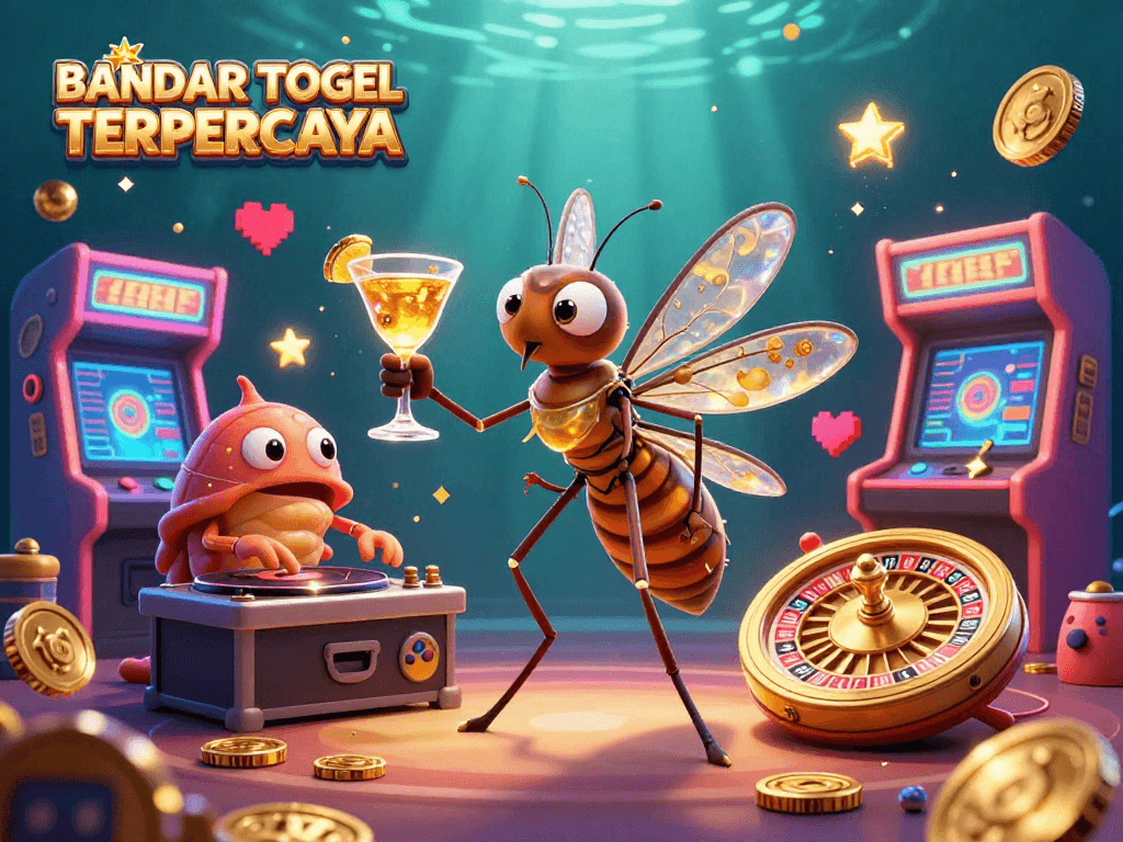 BANDAR TOGEL TERPERCAYA showcases a vivid casino scene with iconic characters and gaming elements.