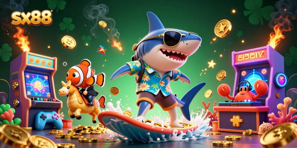 Swing into gaming excitement with sx88, featuring a cartoon shark surfing on coins and dynamic casino elements.