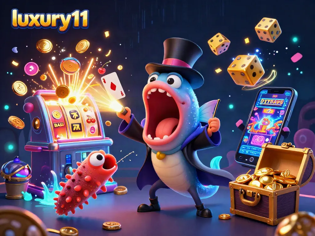 Engage in thrilling gameplay with luxury111, featuring a vibrant slot machine, energetic sea creatures, and magical effects.