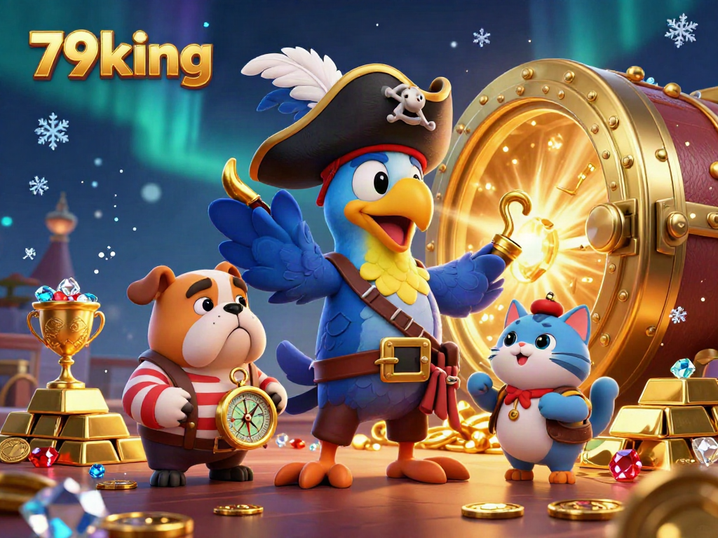 Experience the thrill of 79king with a vibrant casino scene featuring a pirate captain, bulldog, and ship's cat.