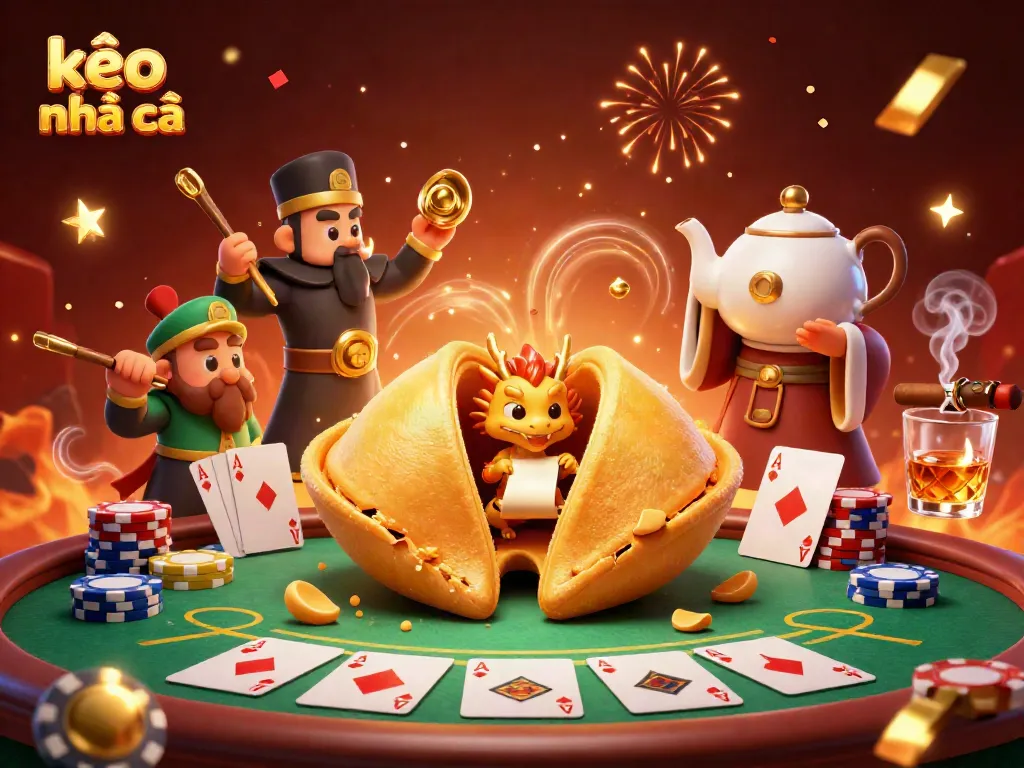 Engaging illustration of kèo nhà cái featuring a fortune cookie and a dragon in a vibrant casino setting.