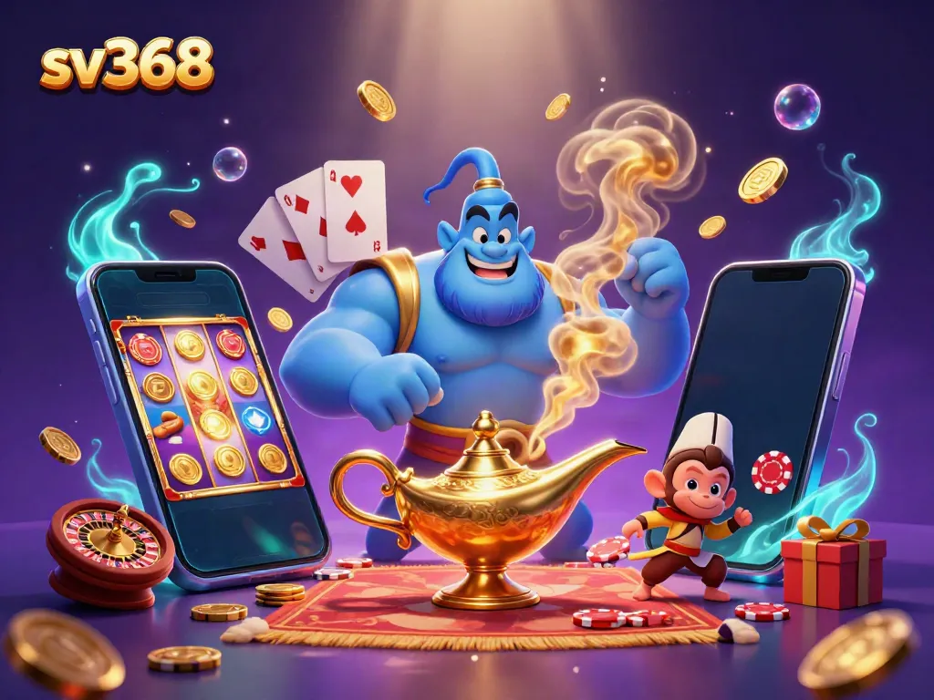 Engage with sv368's thrilling world of online betting featuring colorful slot game elements, poker chips, and a magical genie.