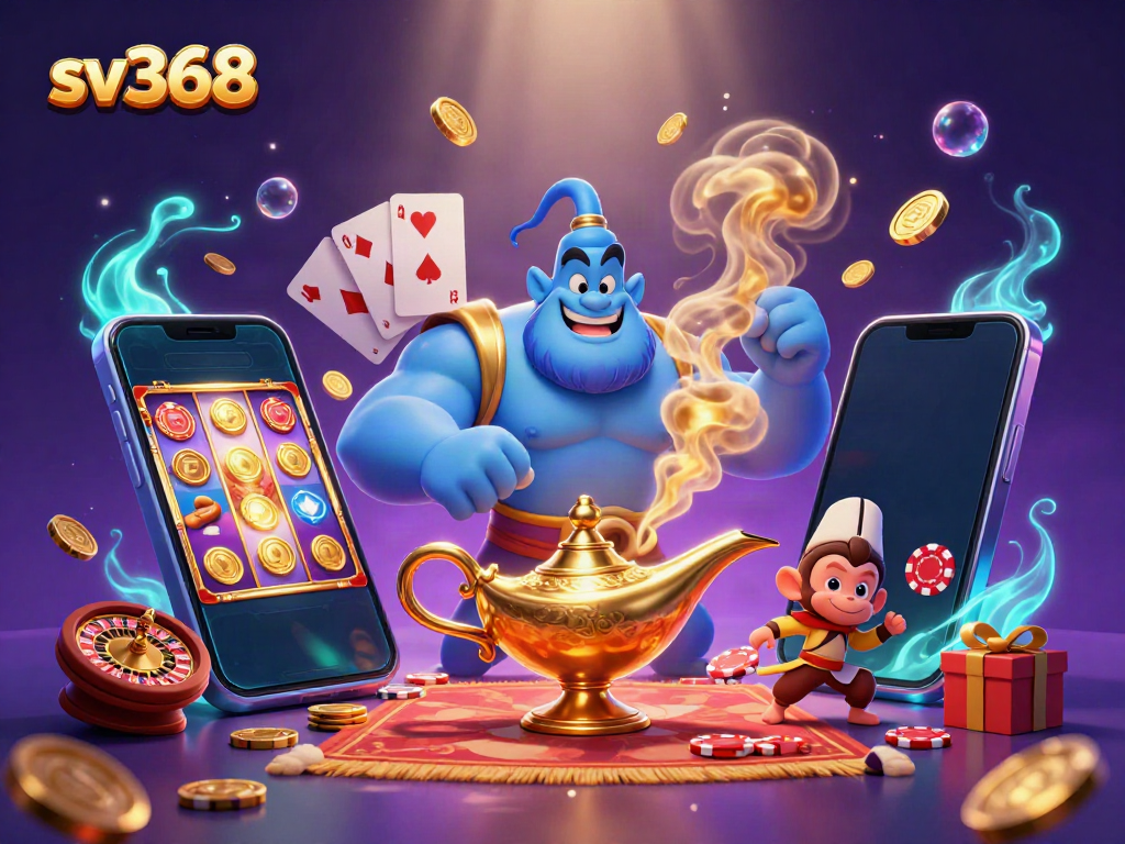 Engage with sv368's thrilling world of online betting featuring colorful slot game elements, poker chips, and a magical genie.