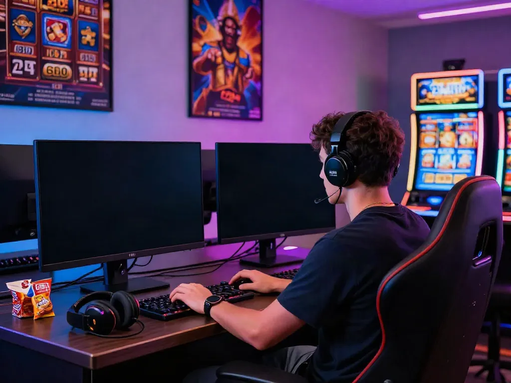 Excited player engaged in i24Slots Casino online slot gaming on a modern computer setup.