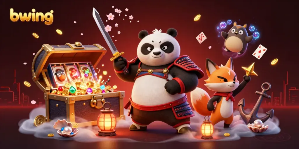 Engage with bwing action as a cartoon samurai panda and ninja fox explore vibrant casino treasures like gold coins and slot machine reels.