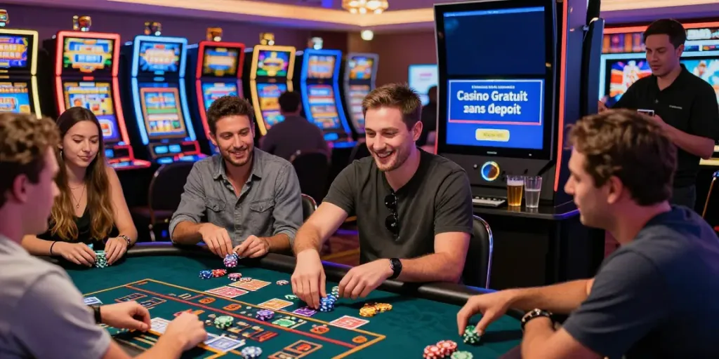 Players enjoying Casino Gratuit sans depot at a vibrant gaming table with chips and cards