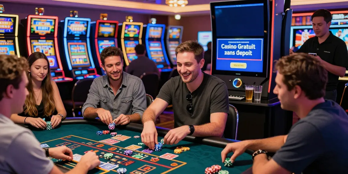 Players enjoying Casino Gratuit sans depot at a vibrant gaming table with chips and cards