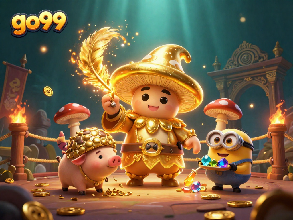 Bet on gold treasures with the go99 wizard and pig in a 3D fantasy casino setting.
