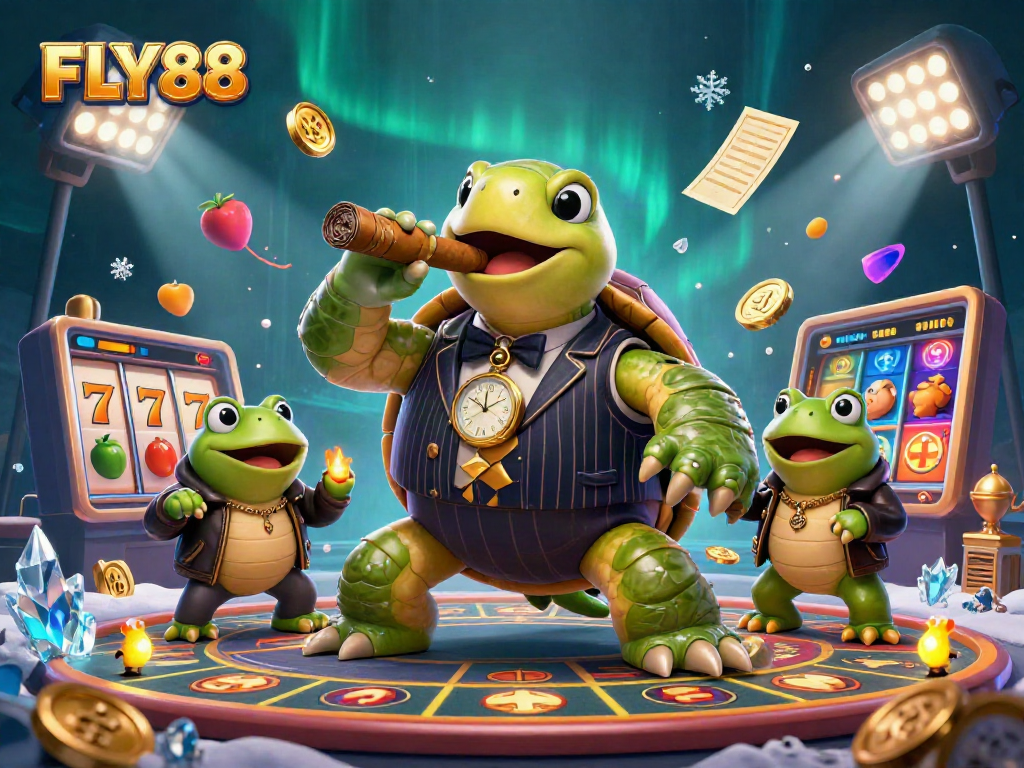 Engage in thrilling gameplay at FLY88 with a vibrant casino scene featuring a mobster turtle and frog enforcers.