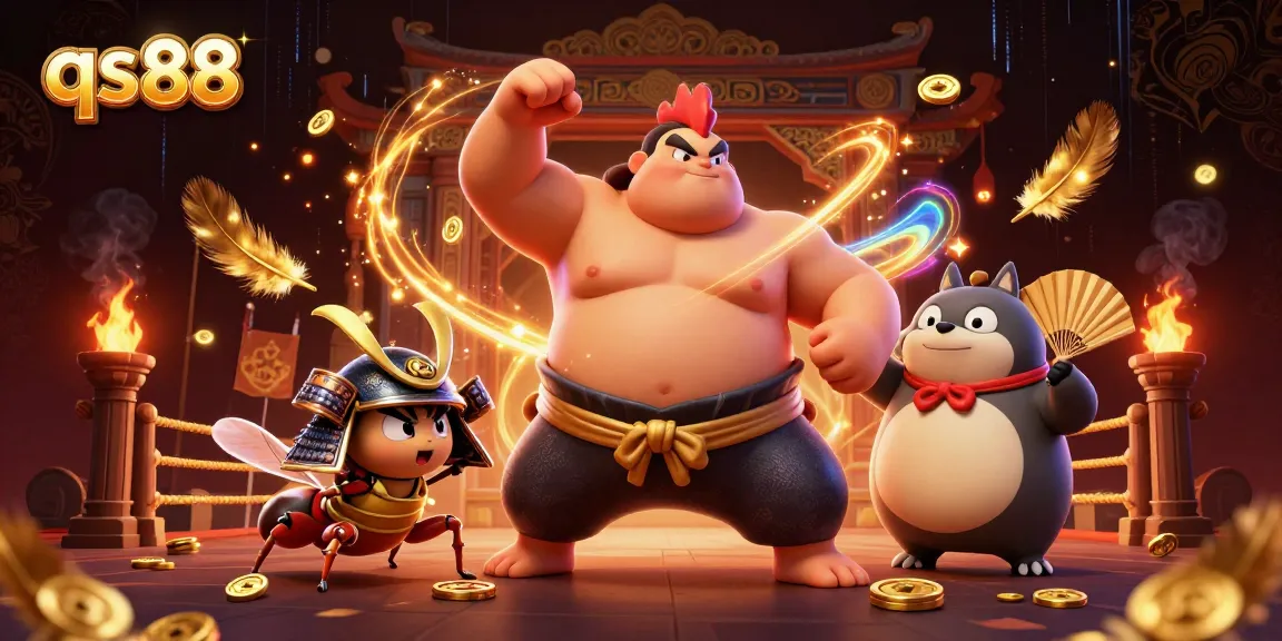Experience thrilling action at qs88 with a dynamic sumo wrestler rooster battling a fierce samurai cricket!
