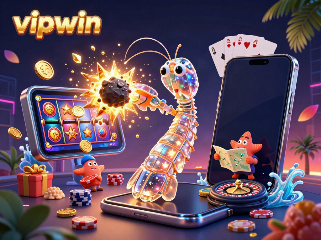 Win big with vipwin in this vibrant 3D casino illustration featuring exciting game elements and characters.