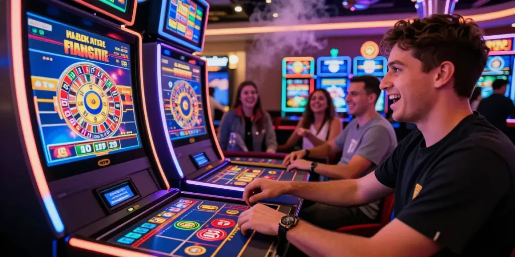 Exciting gaming experience at 666Gambit Casino featuring vibrant slot machines and engaged players.
