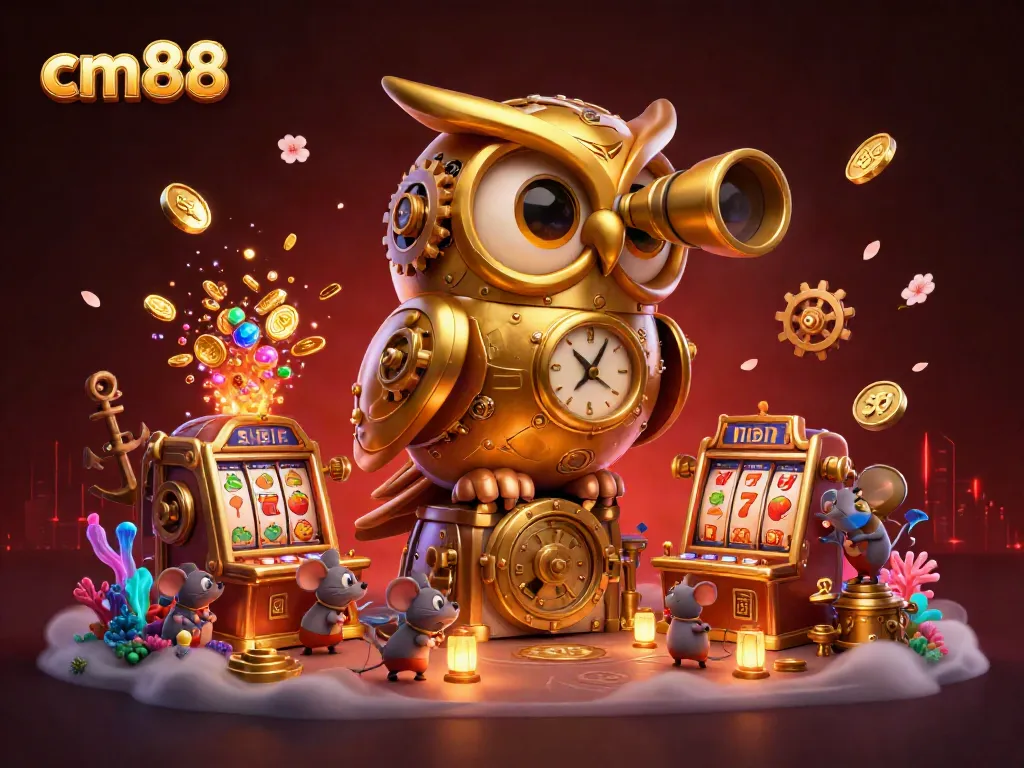 Experience cm88's exciting slot machines with a golden owl and energetic gameplay in a vibrant casino.