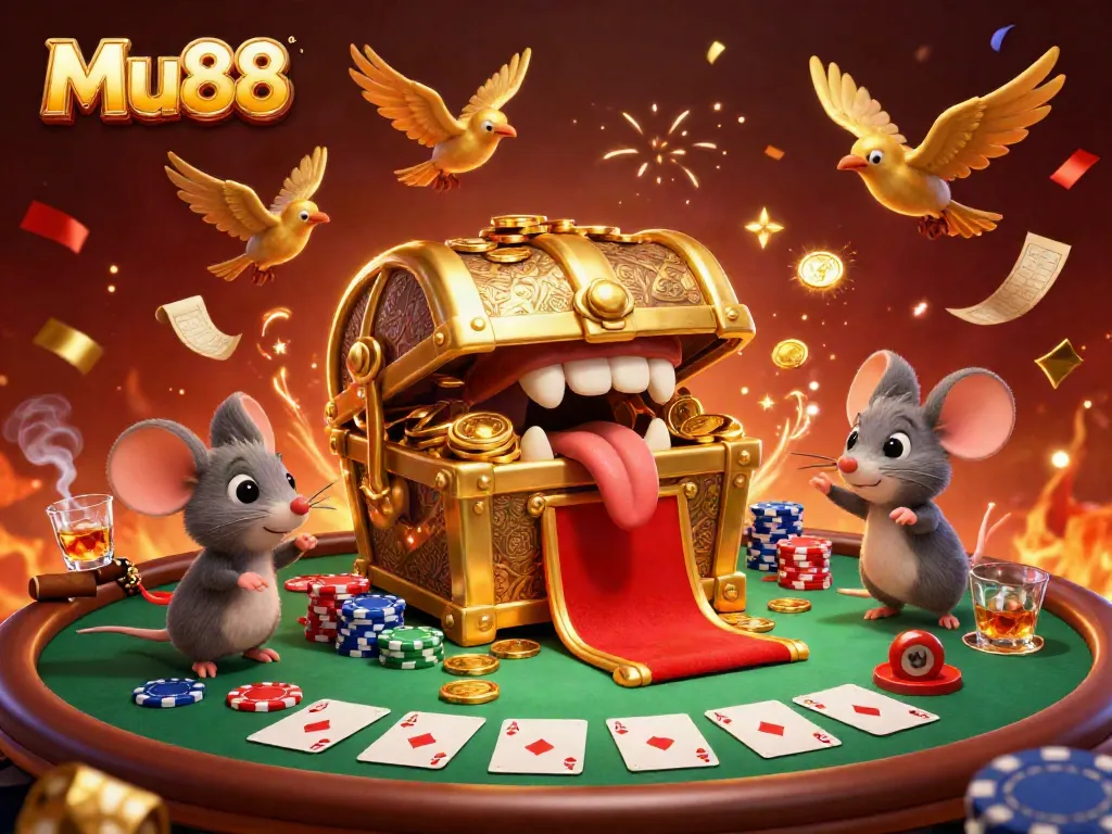 Experience the thrills of Mu88, featuring an enchanting golden treasure chest and casino elements.