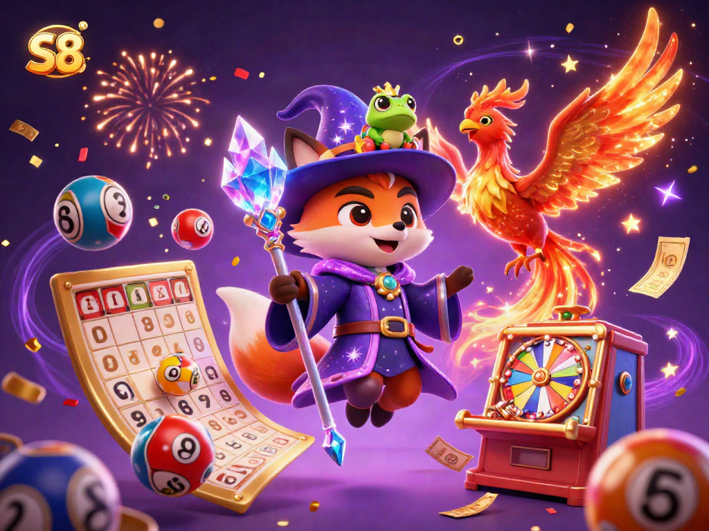 Experience the vibrant S8 casino with lottery balls and magical elements in an enchanting scene.