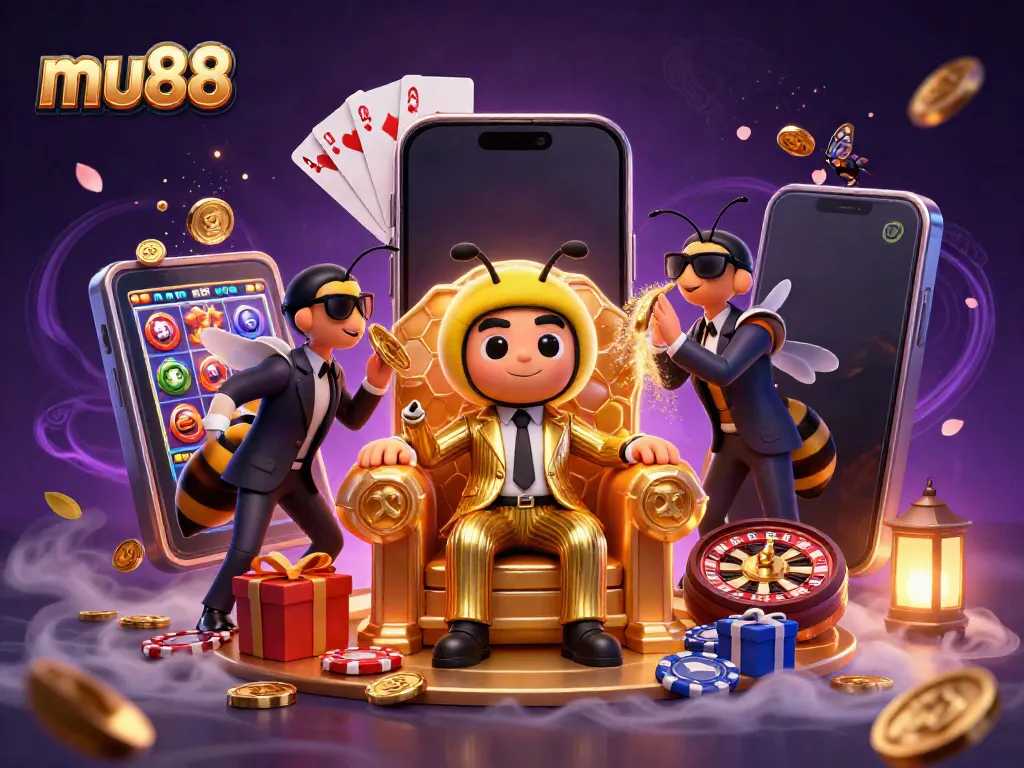 Experience mu88's vibrant casino world with a bumblebee mob boss and dynamic gaming elements