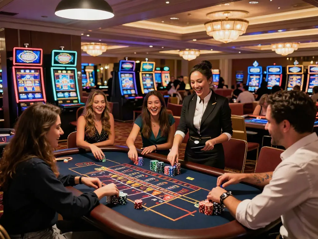 Exciting scene at a casino featuring friends enjoying roulette, highlighting Casinos Sans depots.