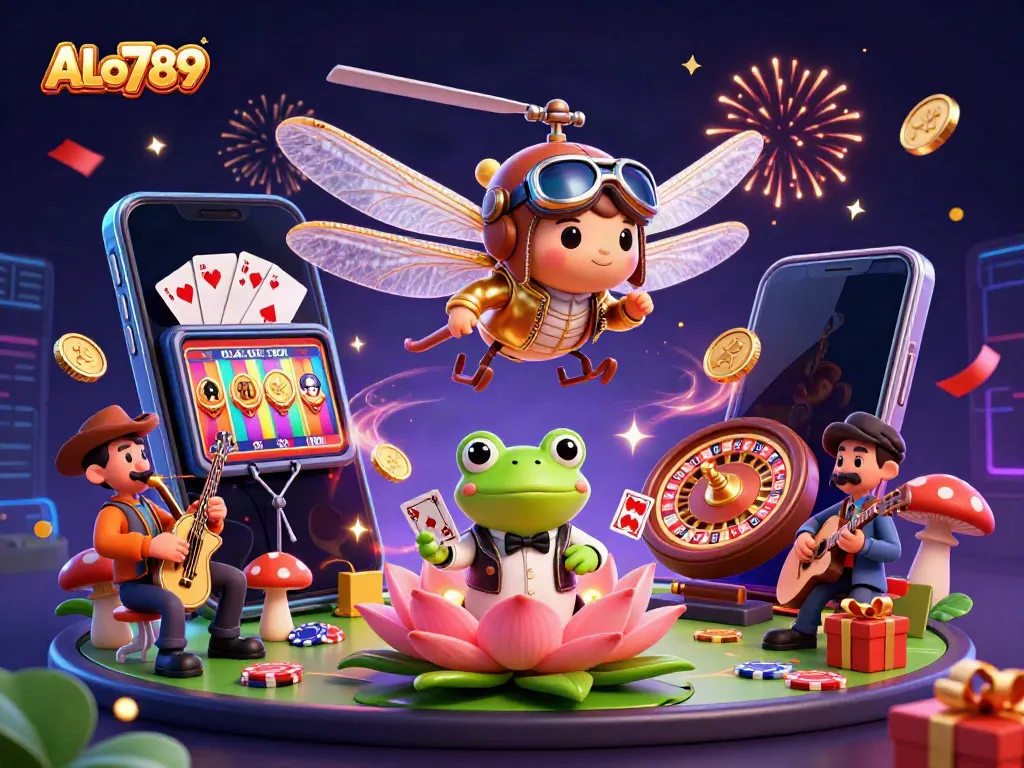 Experience ALo789 with a lively scene of a dragonfly pilot, a frog dealer, and jazz musicians, capturing the essence of online gaming.