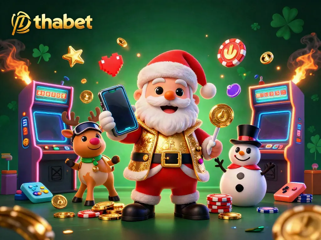 Join the fun with thabet as Santa and friends celebrate winning at a vibrant casino scene.