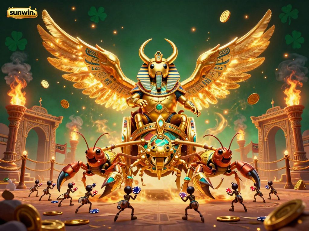 Experience thrilling games at sunwin. with a dynamic 3D casino scene featuring golden scarab chariot.