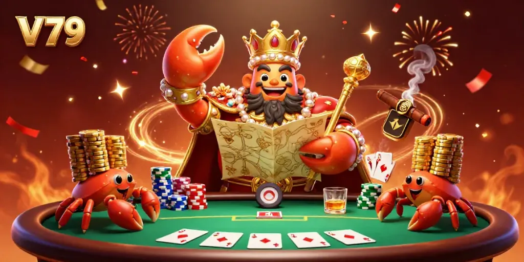 Experience the thrill of V 79 with a golden crab emperor in a vibrant casino scene.