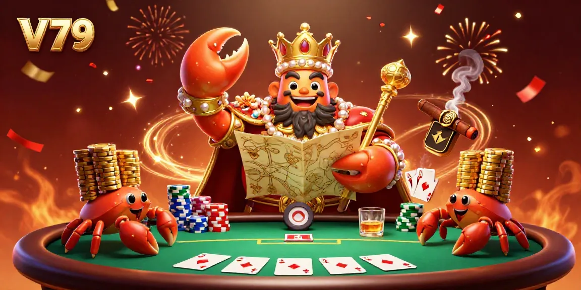 Experience the thrill of V 79 with a golden crab emperor in a vibrant casino scene.