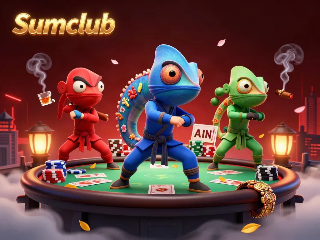 Sumclub chameleon team showcasing poker skills with vibrant casino elements.