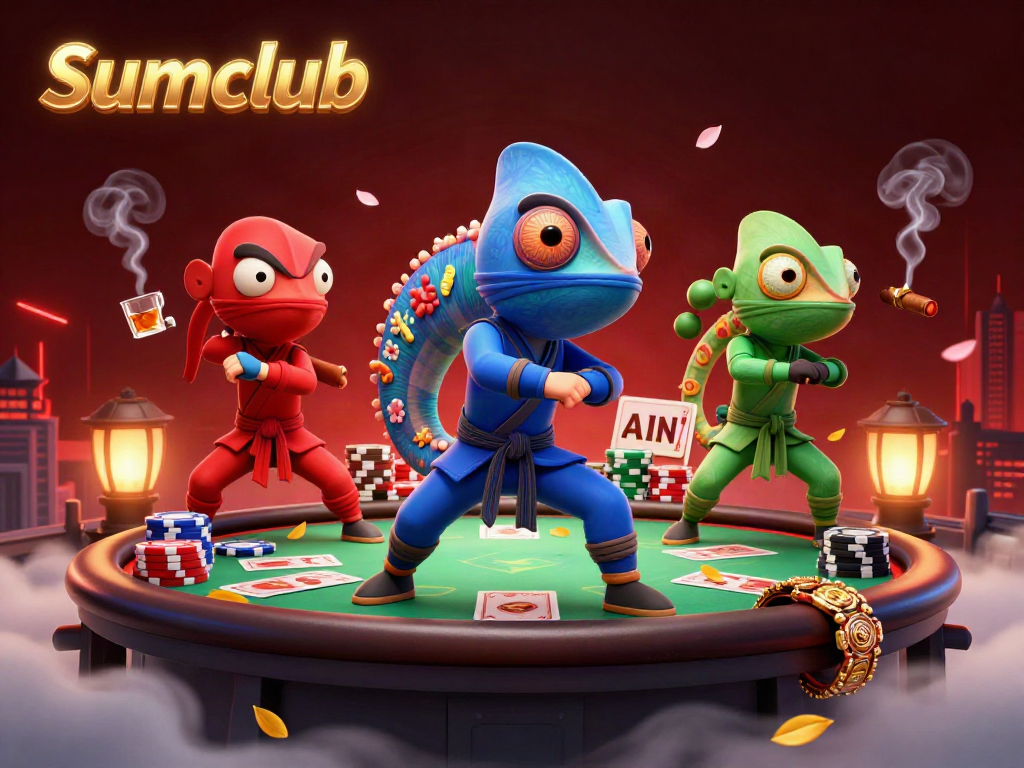 Sumclub chameleon team showcasing poker skills with vibrant casino elements.