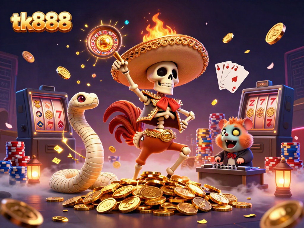 Experience thrilling gaming with tk888's dynamic casino scene showcasing 3D characters and vibrant elements.