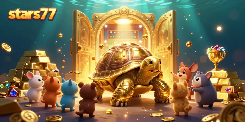 Permainan slot yang seru di stars77 dengan karakter kura-kura emas dan banyak harta karun.