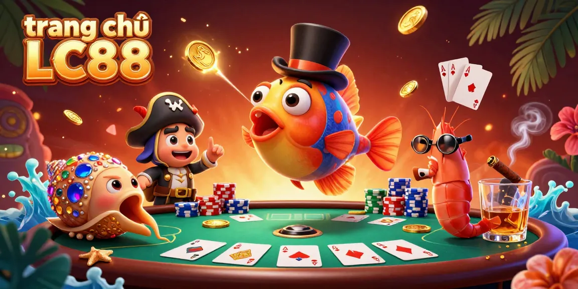 Engage in top-tier gaming experiences on trang chủ LC88 as cartoon aquarium characters celebrate vibrant casino elements.