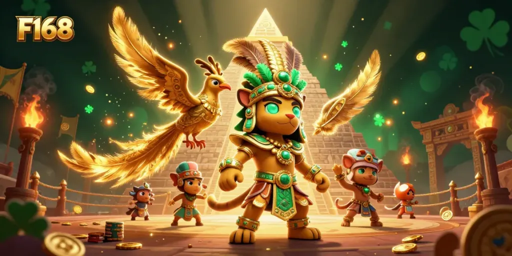 Experience F168's thrilling gaming adventure with dynamic characters and vibrant casino setting.