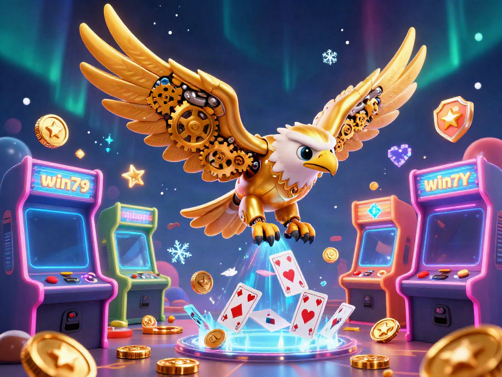 Experience thrilling action with win79 as the golden eagle dives through holographic cards in a vibrant 3D casino.