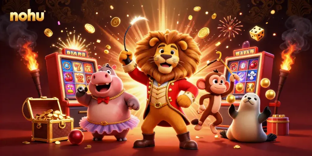 Experience exciting nohu gaming action with jubilant characters around a jackpot explosion