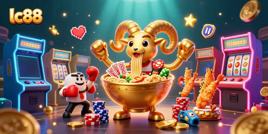 Experience thrilling lc88 gaming action as a giant ramen bowl dealer spins cards surrounded by fun gaming symbols.