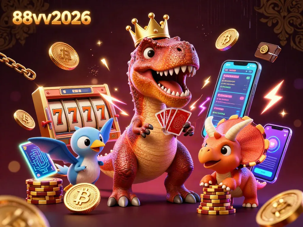 Engage in thrilling gaming at 88vv2026 with cartoon dinosaurs and casino symbols stacked high.